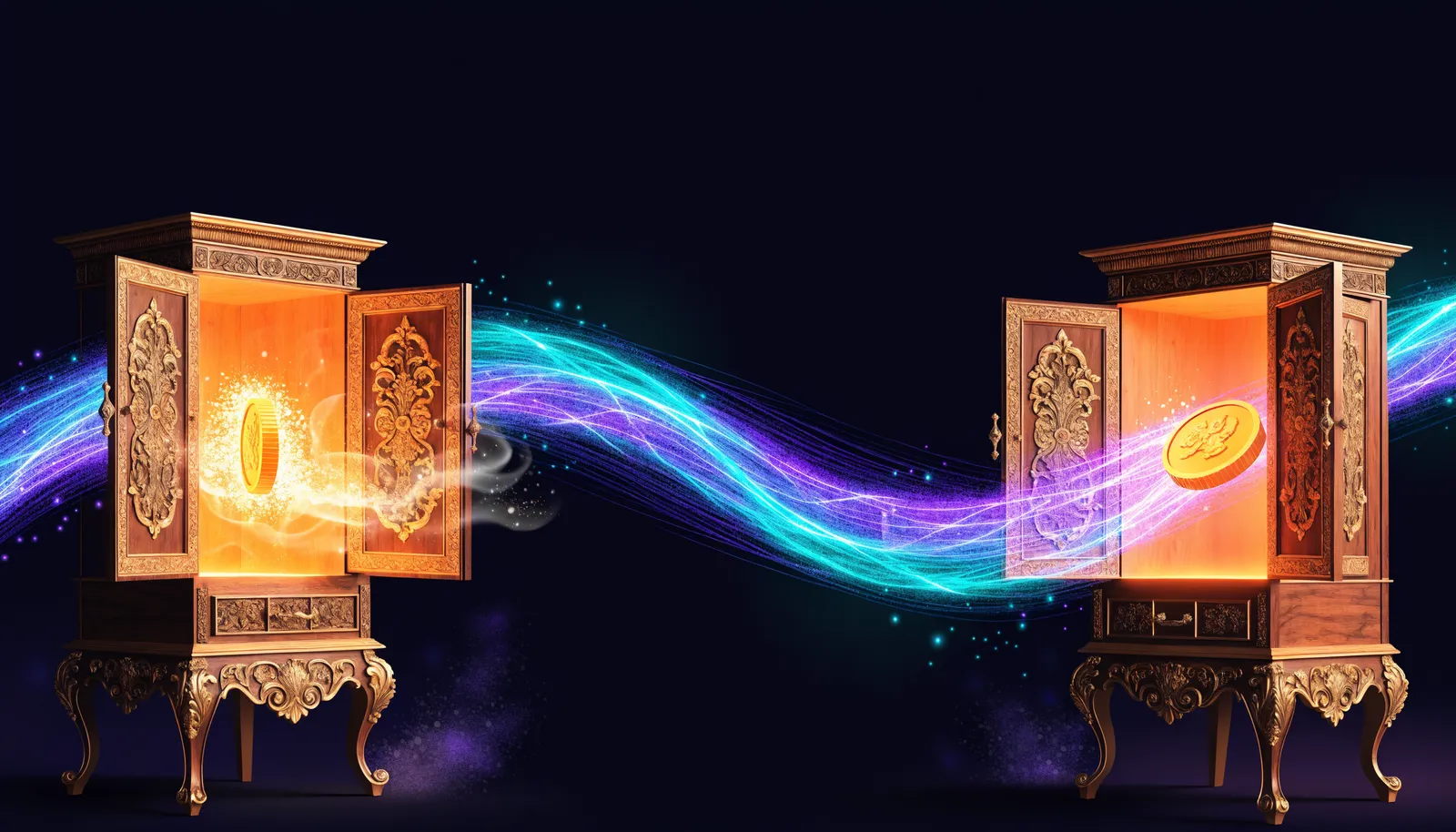 Two ornate cabinets with a gold coin vanishing from one and reappearing in the other